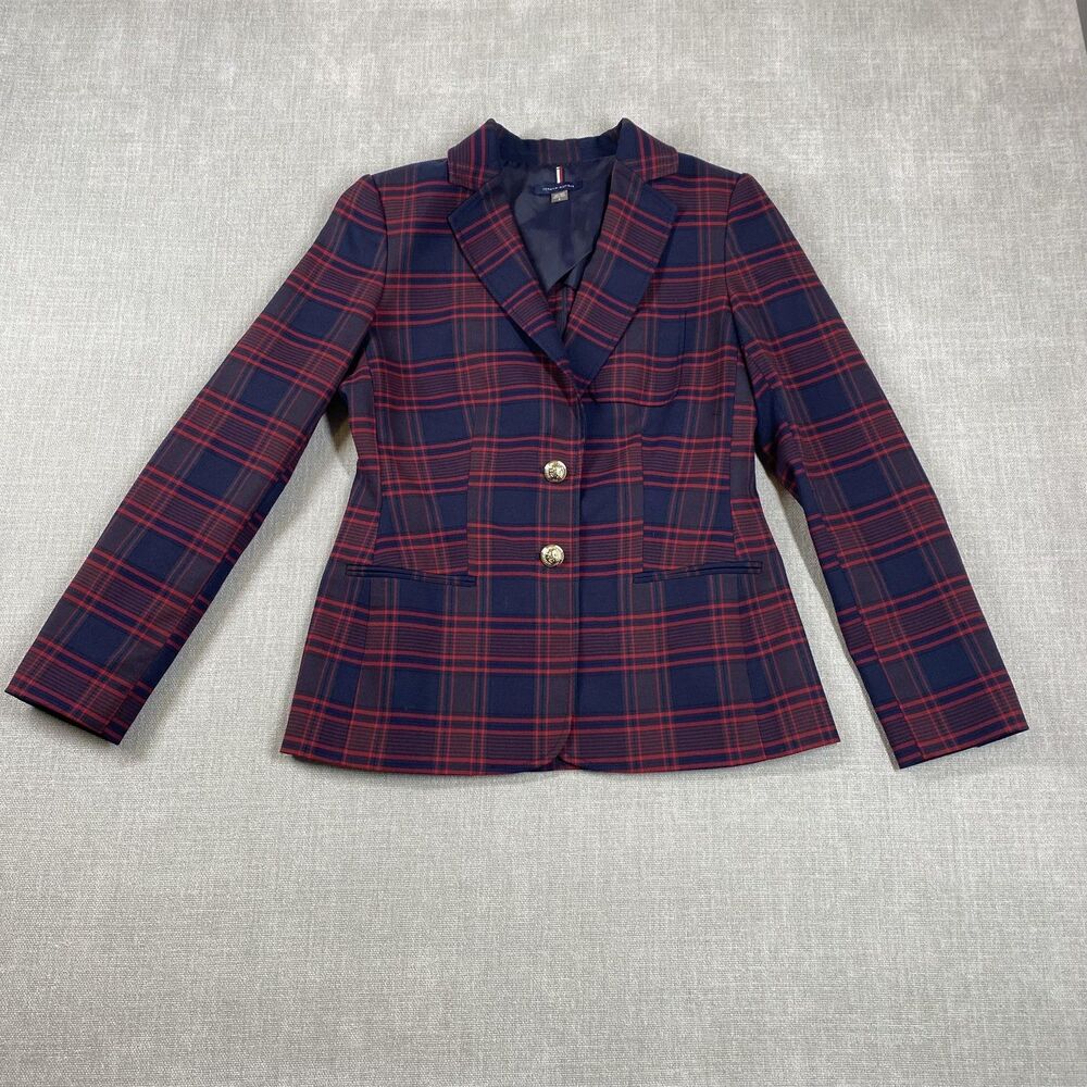 Tommy Hilfiger Blazer Womens 6 Navy Red Plaid Elbow Patch Gold Button Tailored